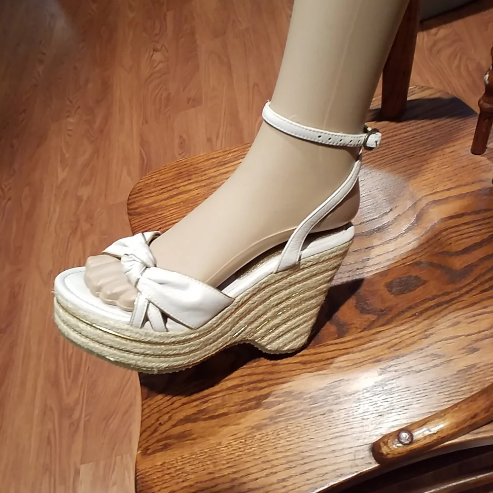 Nana White And Gold Wedge Heel Sandal With Wrap Around Ankle Strap 7